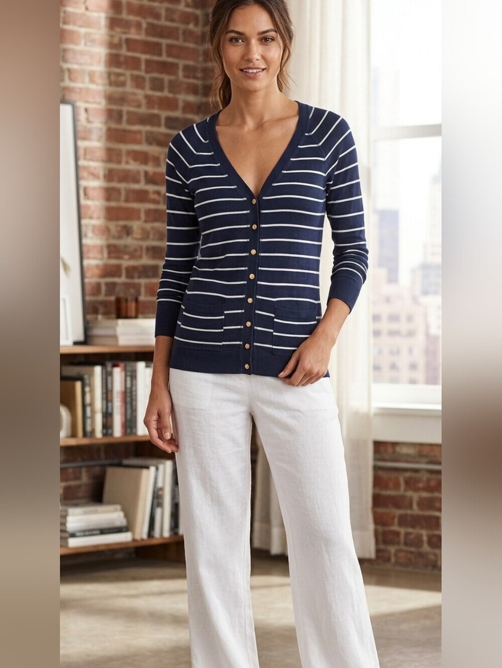 Juicy Couture Navy and White Striped Button-Up Cardigan with Gold Buttons
